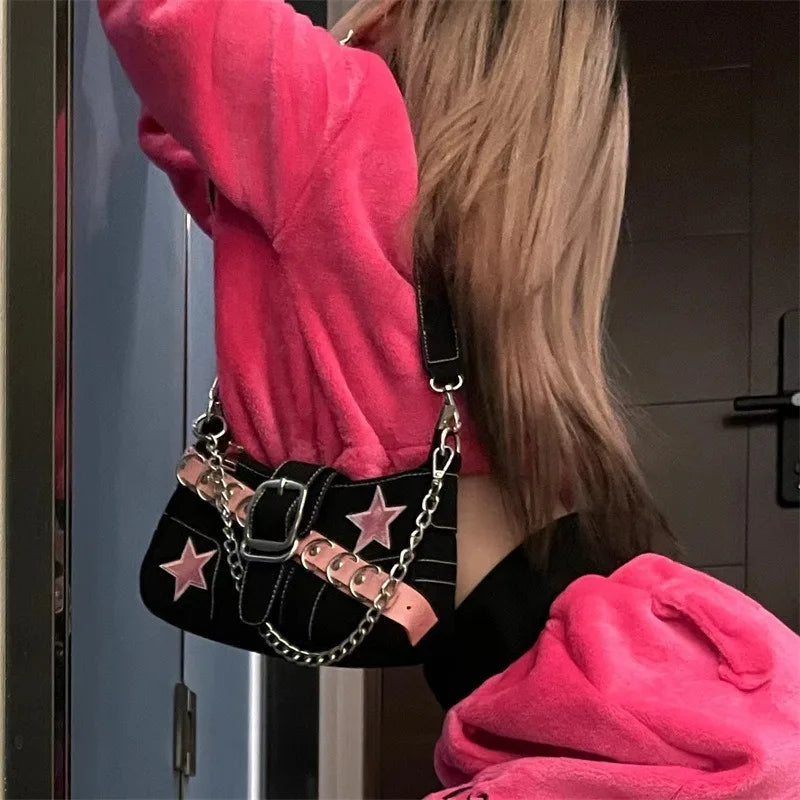 Fashion Women's Handbags Denim Stars Pattern Cool Girls Y2K Underarm Bag Canvas Female Small Shoulder Bags Chain Tote Bag Ins