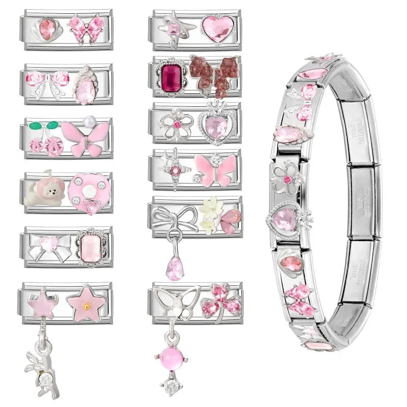 Y2K Zircon Bow Knot Water Drop Pink Zircon Doughnut Heart Italian Charm Links Fit 9MM Stainless Steel Bracelet Women DIY Making