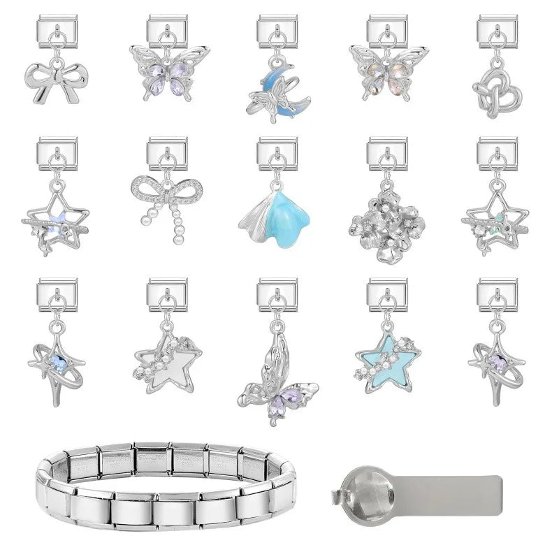 Fashion Blue Sereis Star Pearl Moon Butterfly Italian Charm Links Fit 9mm Stainless Steel Bracelet Women Jewelry DIY Making Gift