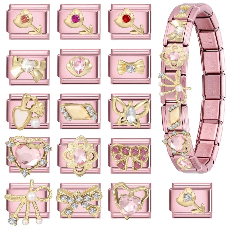 Fashion Pink Dreamy Crystal Butterfly Bow Heart Star Shell Star Charm Fit 9mm Stainless Steel Bracelet Women DIY Making Jewelry