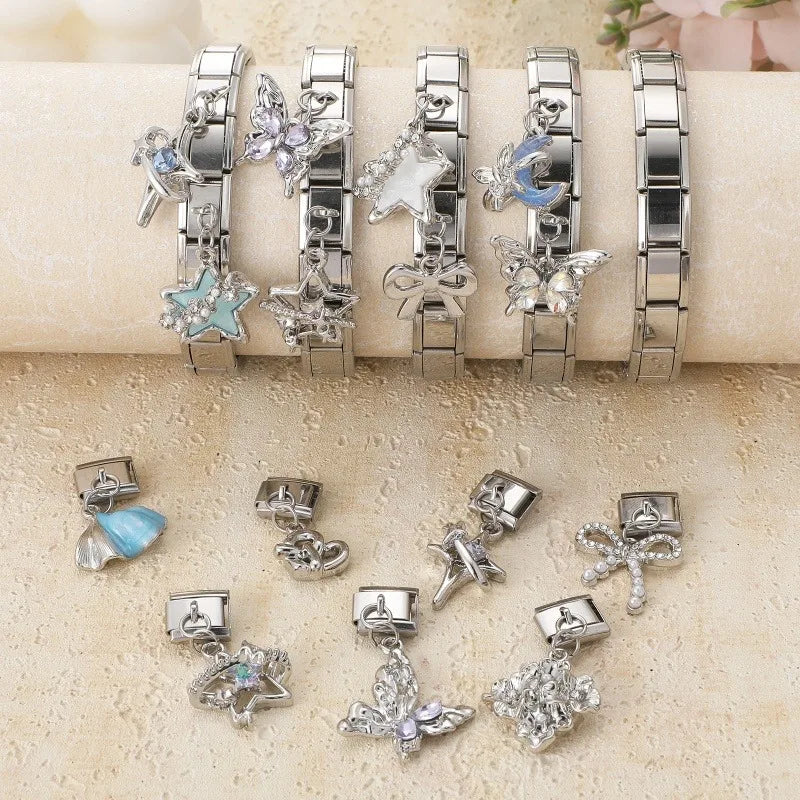 Fashion Blue Sereis Star Pearl Moon Butterfly Italian Charm Links Fit 9mm Stainless Steel Bracelet Women Jewelry DIY Making Gift