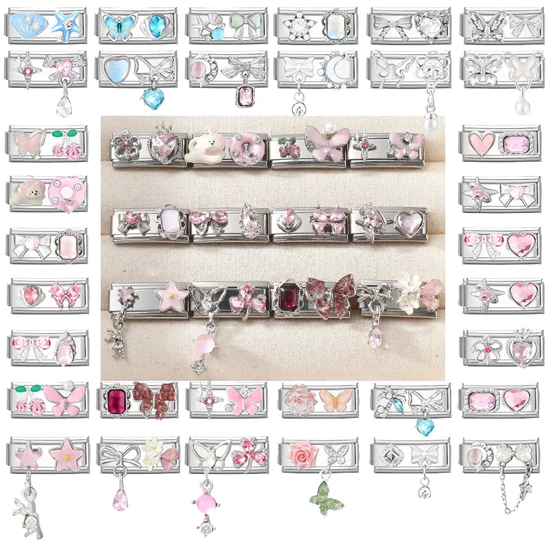 Y2K Zircon Bow Knot Water Drop Pink Zircon Doughnut Heart Italian Charm Links Fit 9MM Stainless Steel Bracelet Women DIY Making