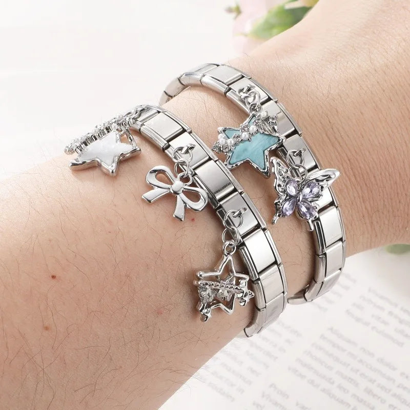 Fashion Blue Sereis Star Pearl Moon Butterfly Italian Charm Links Fit 9mm Stainless Steel Bracelet Women Jewelry DIY Making Gift