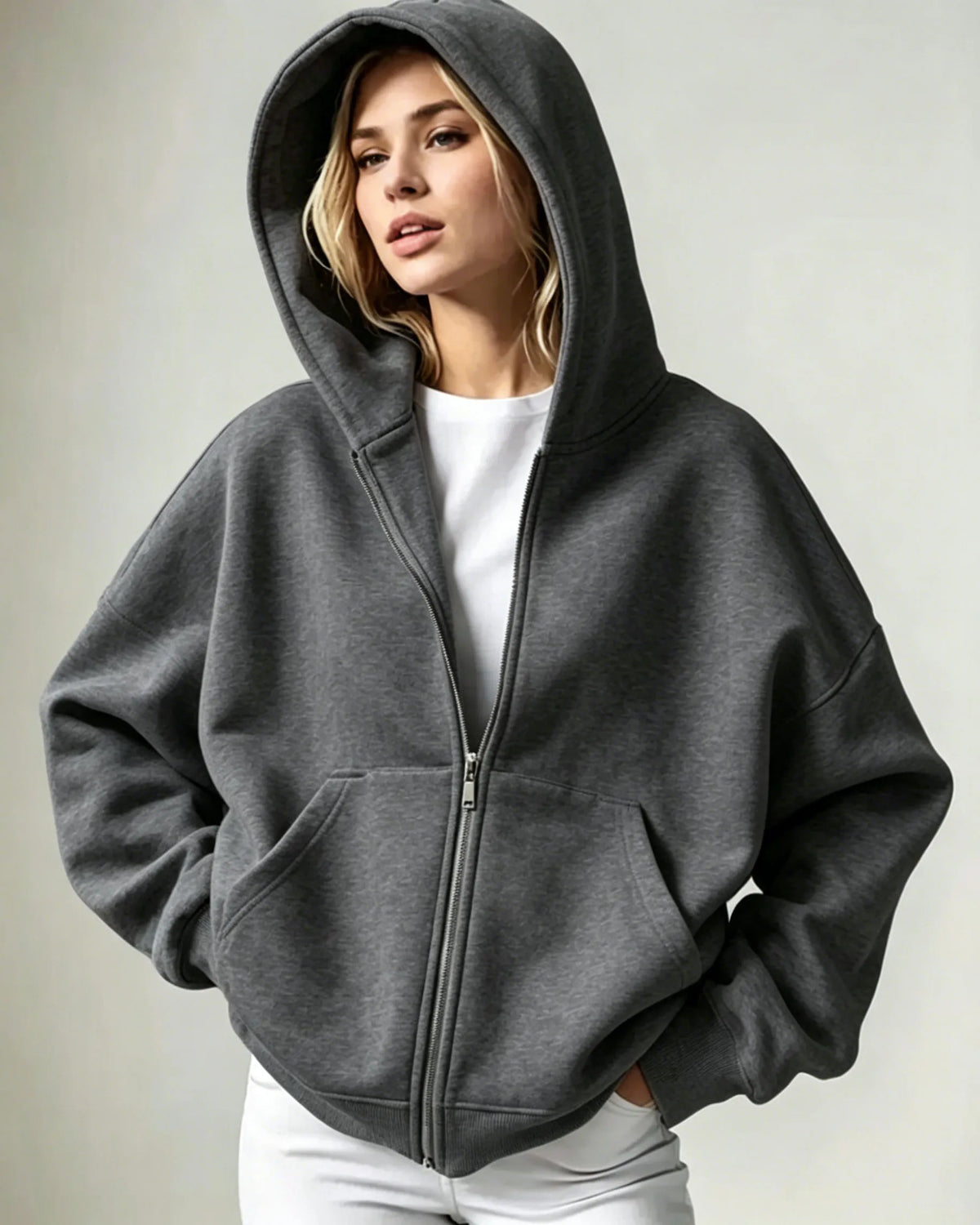 2026 Women Solid Full Zip Up Hoodie Casual Loose Pocket Hooded Jacket Soft Long Sleeve Sweatshirt Autumn Winter Couple Outerwear