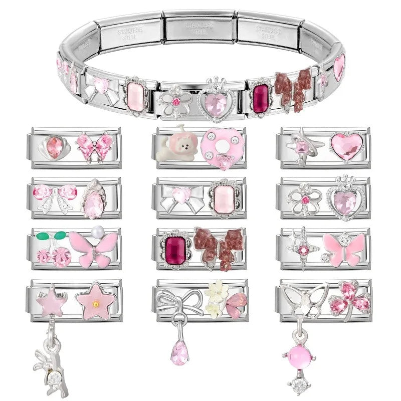Y2K Zircon Bow Knot Water Drop Pink Zircon Doughnut Heart Italian Charm Links Fit 9MM Stainless Steel Bracelet Women DIY Making
