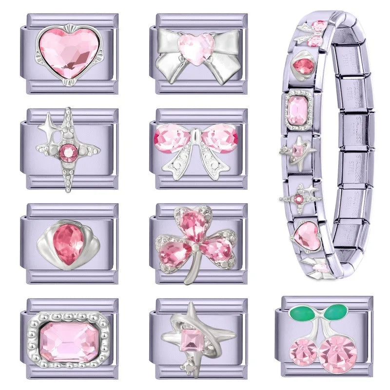 Fashion 2026 Sweet Pink Star Loveheart Pendant Italian Charm Link Fit 9mm Stainless Steel Bracelet Women DIY Making Jewelry Gift