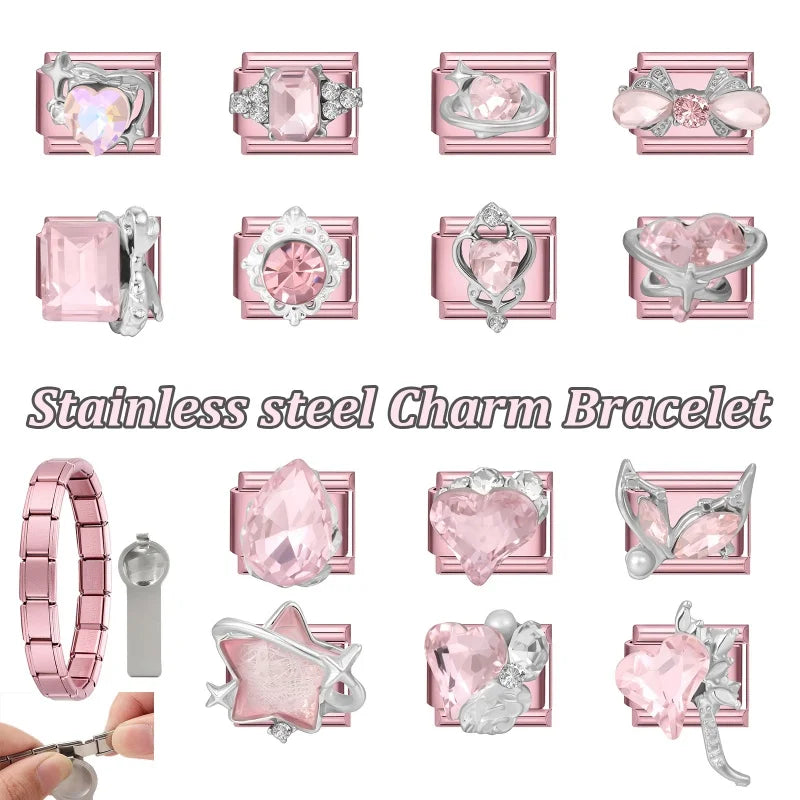 Fashion Pink Dreamy Crystal Butterfly Bow Heart Star Shell Star Charm Fit 9mm Stainless Steel Bracelet Women DIY Making Jewelry