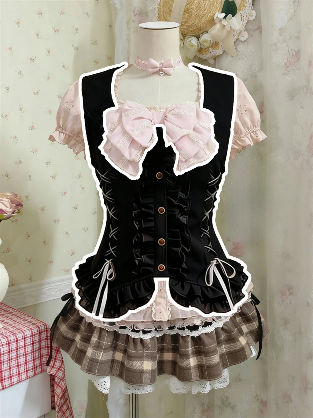 Japanese Sweet Blouse Women Lace Top Ameircan Vintage Plaid Ruffle Mini Skirt Y2K Harajuku Elegant Kawaii Korean Chic Outfits