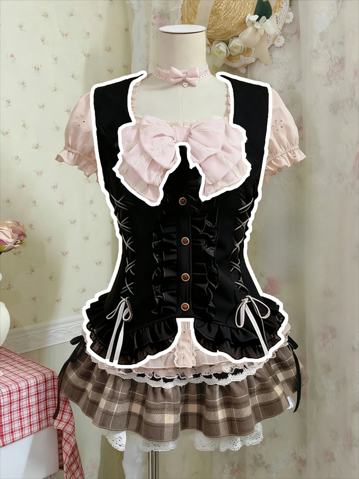 Japanese Sweet Blouse Women Lace Top Ameircan Vintage Plaid Ruffle Mini Skirt Y2K Harajuku Elegant Kawaii Korean Chic Outfits
