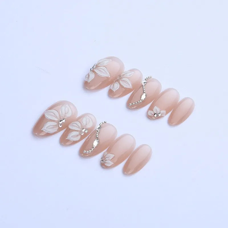 Almond Press On Nails Viral Nude Pink Tone With 3D Floral Rhinestones Skin High End European Fashion Reusable False Nail Tips