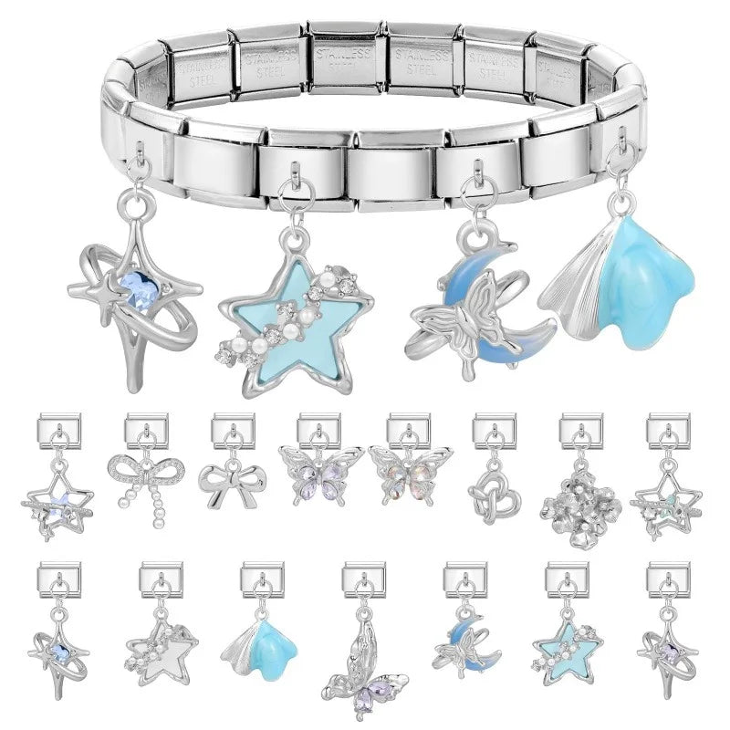 Fashion Blue Sereis Star Pearl Moon Butterfly Italian Charm Links Fit 9mm Stainless Steel Bracelet Women Jewelry DIY Making Gift