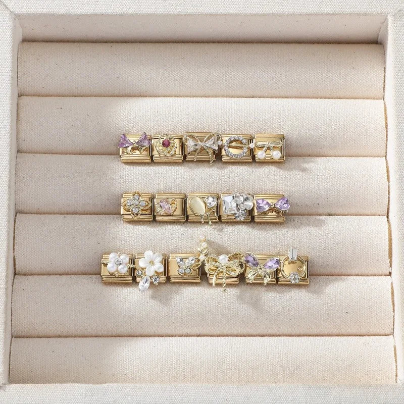 Premium Gold Color Zircon Bowknot Italian Charm Bracelet Stainless Steel Elastic Bracelet Link Bangle DIY Women Men Jewelry Gift
