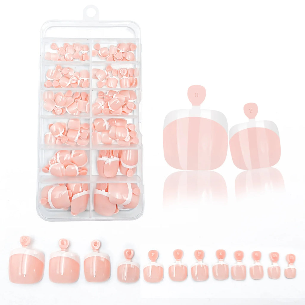 120Pcs Glossy Nude Pink French Press-On-Toenail Set 1*Box Short French Square  Fake Toe Nails Solid-Color Manicure Toenails Tips