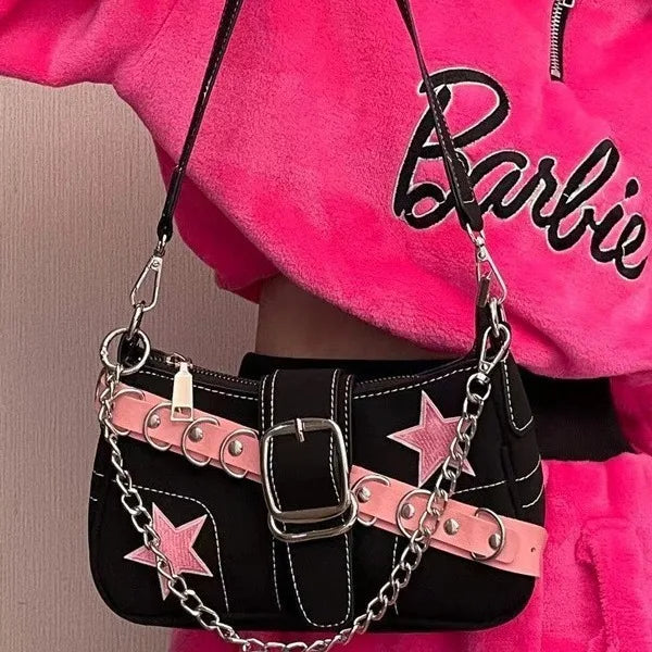 Fashion Women's Handbags Denim Stars Pattern Cool Girls Y2K Underarm Bag Canvas Female Small Shoulder Bags Chain Tote Bag Ins