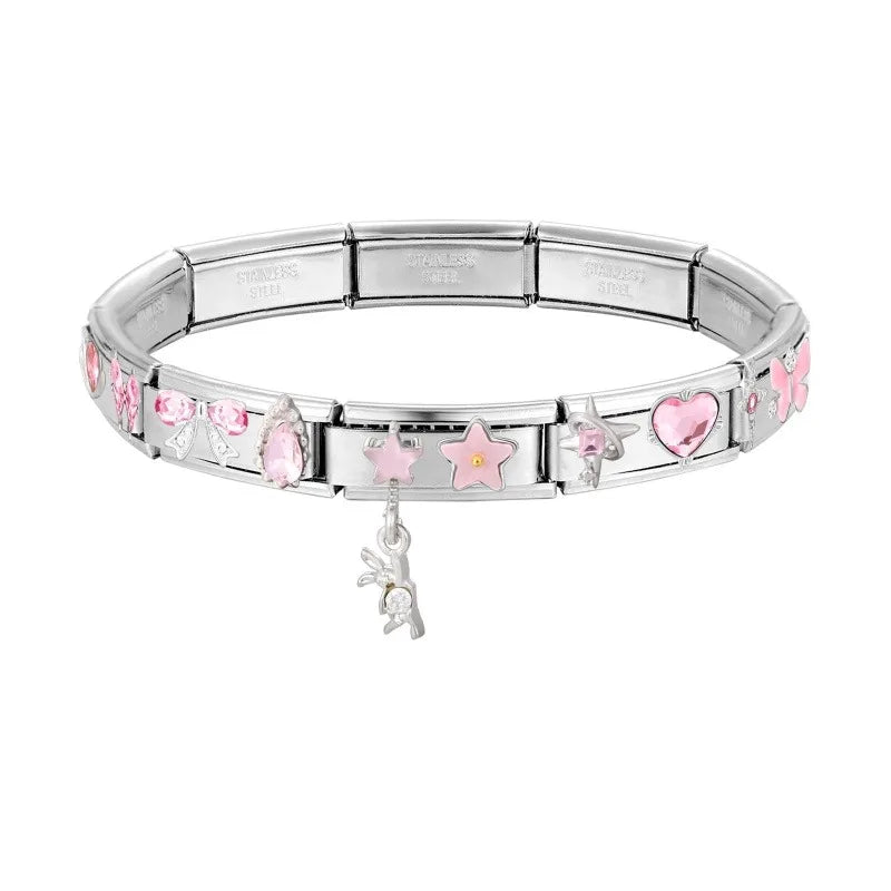 Y2K Zircon Bow Knot Water Drop Pink Zircon Doughnut Heart Italian Charm Links Fit 9MM Stainless Steel Bracelet Women DIY Making