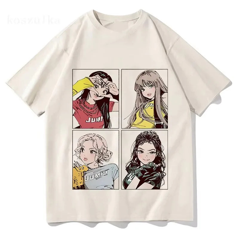 2025 Kpop BP Jump Tshirts Pink Girls Band Clothing Adorable Anime Graphic T Shirts Summer High Quality Cotton Comfortable Tops