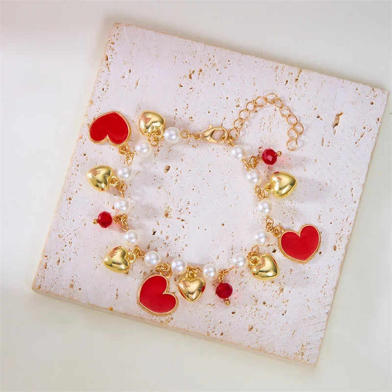 Charm Red Strawberry Bracelet For Women Cute Cherry Heart Shape Fruit Pearl Metal Chain Wristband Party Friendship Jewelry