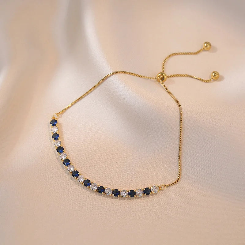 Charm Royal Blue White Stone Round Bracelets For Women Gold Color Metal Adjustable Zircon Hand Chains Simple Party Jewelry Gifts