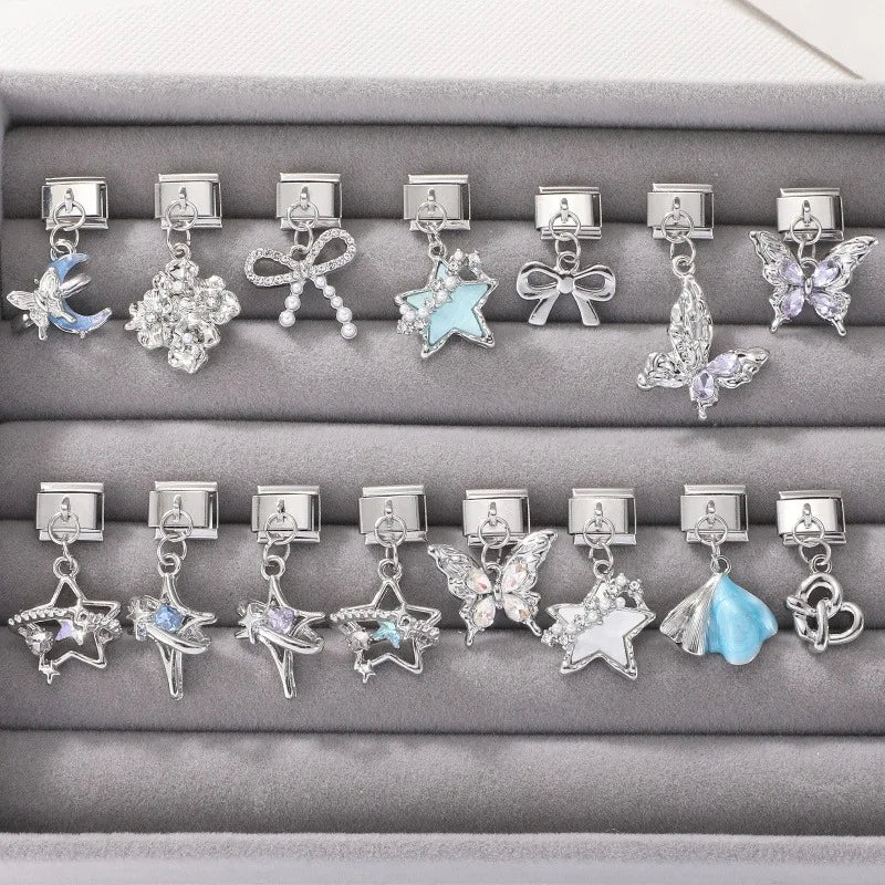 Fashion Blue Sereis Star Pearl Moon Butterfly Italian Charm Links Fit 9mm Stainless Steel Bracelet Women Jewelry DIY Making Gift
