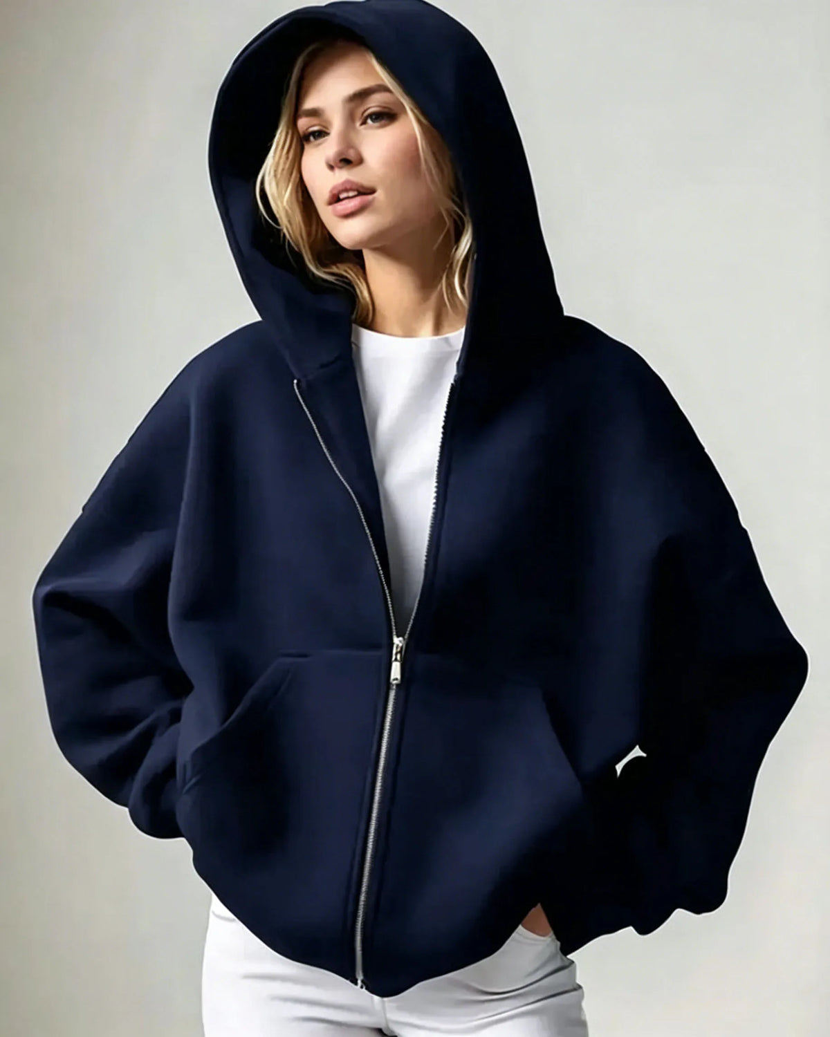 2026 Women Solid Full Zip Up Hoodie Casual Loose Pocket Hooded Jacket Soft Long Sleeve Sweatshirt Autumn Winter Couple Outerwear