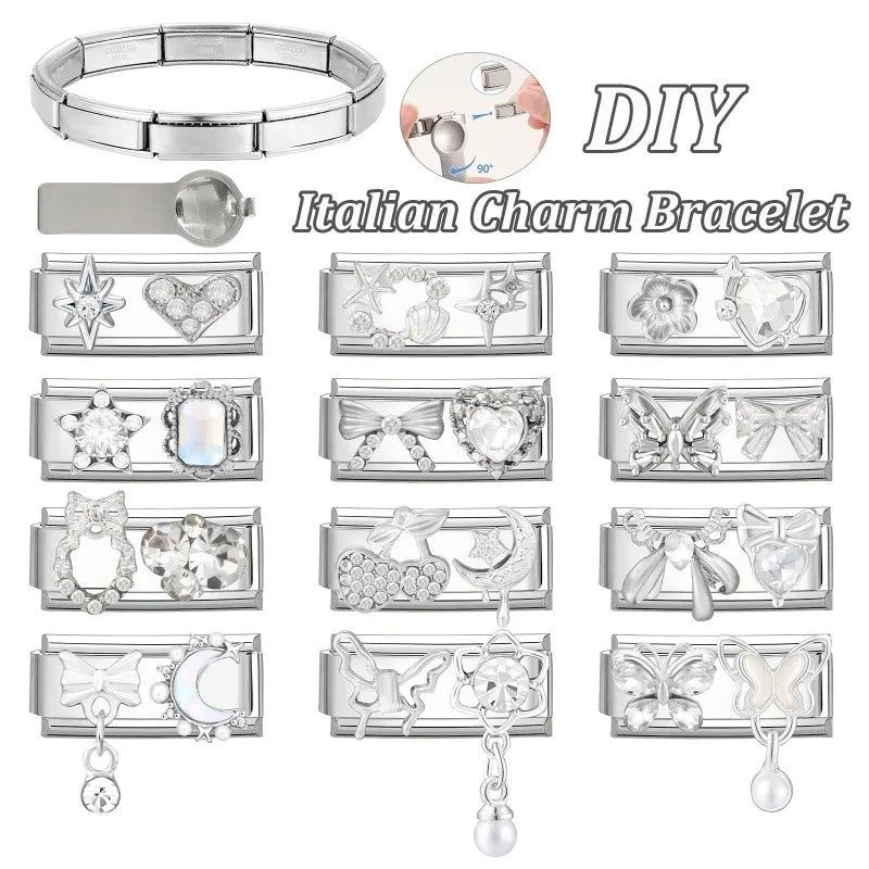 Y2K Zircon Bow Knot Water Drop Pink Zircon Doughnut Heart Italian Charm Links Fit 9MM Stainless Steel Bracelet Women DIY Making