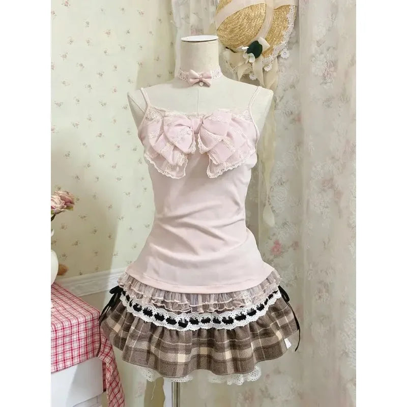 Japanese Sweet Blouse Women Lace Top Ameircan Vintage Plaid Ruffle Mini Skirt Y2K Harajuku Elegant Kawaii Korean Chic Outfits