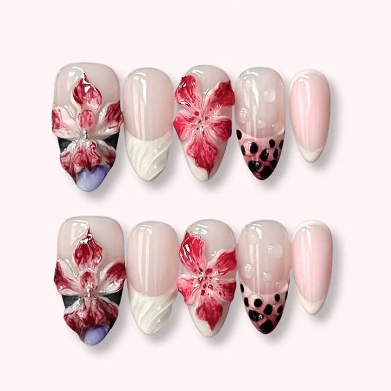 24pcs Pink Flower Almond Press on Nails Kawaii False Nails Wearable Stick-on Nails Fake Nail Uñas Postizas Накладные Ногти 네일팁