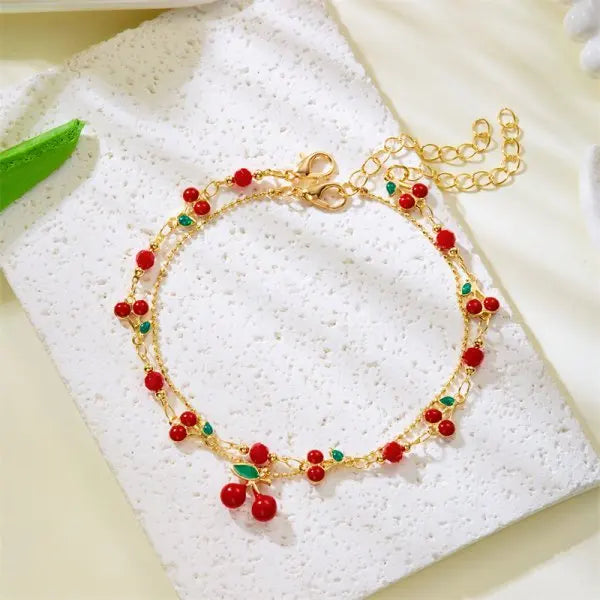 Charm Red Strawberry Bracelet For Women Cute Cherry Heart Shape Fruit Pearl Metal Chain Wristband Party Friendship Jewelry