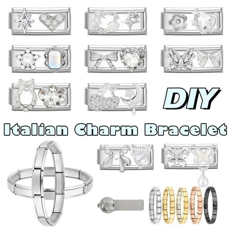 Y2K Zircon Bow Knot Water Drop Pink Zircon Doughnut Heart Italian Charm Links Fit 9MM Stainless Steel Bracelet Women DIY Making