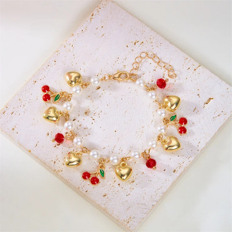 Charm Red Strawberry Bracelet For Women Cute Cherry Heart Shape Fruit Pearl Metal Chain Wristband Party Friendship Jewelry
