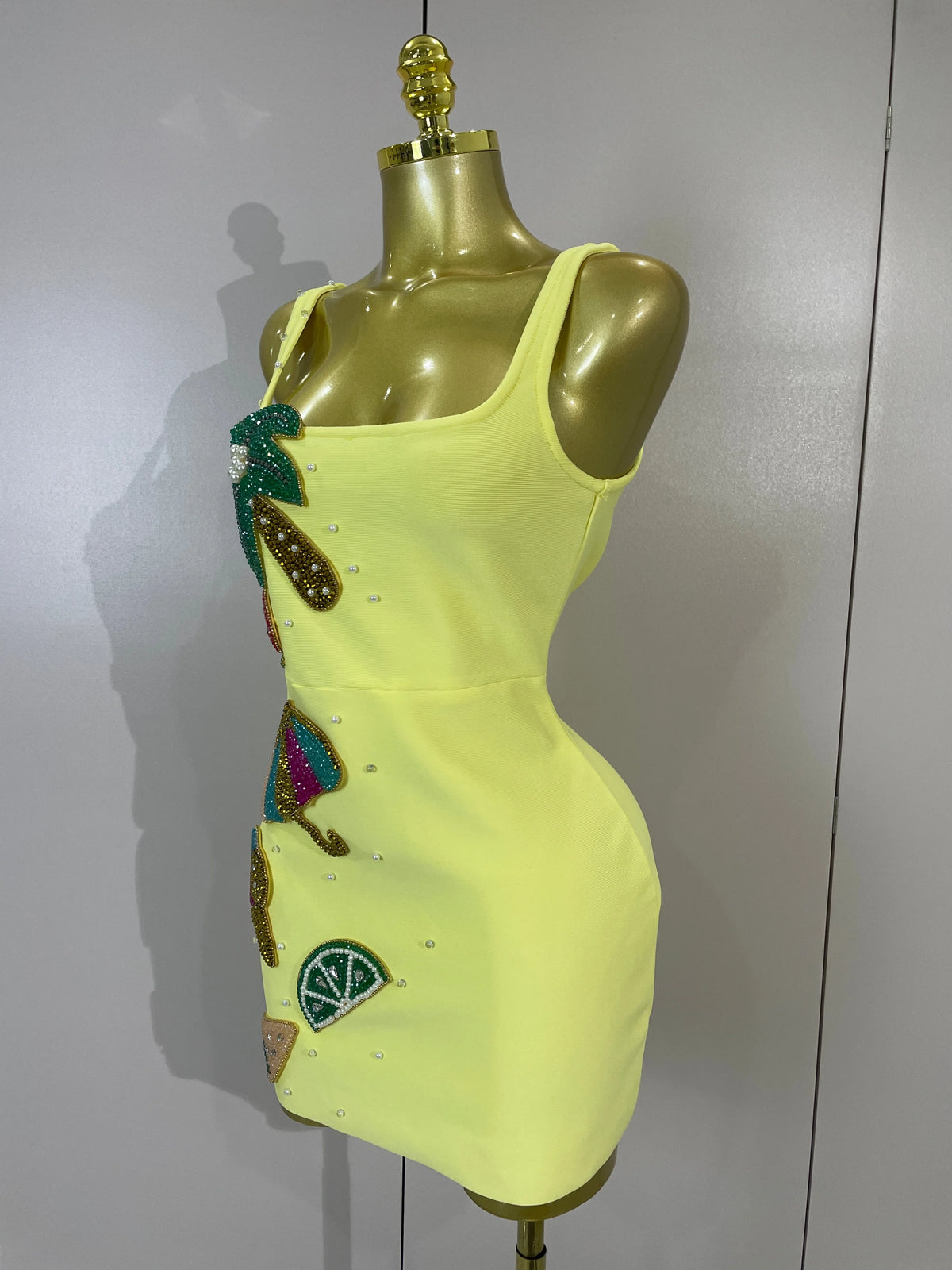 Women Sexy Square Neck Sleeveless Bodycon Bandage Mini Dress Luxury Beaded Tropical Fruit Eveing Party Vacation NightClub Outfit