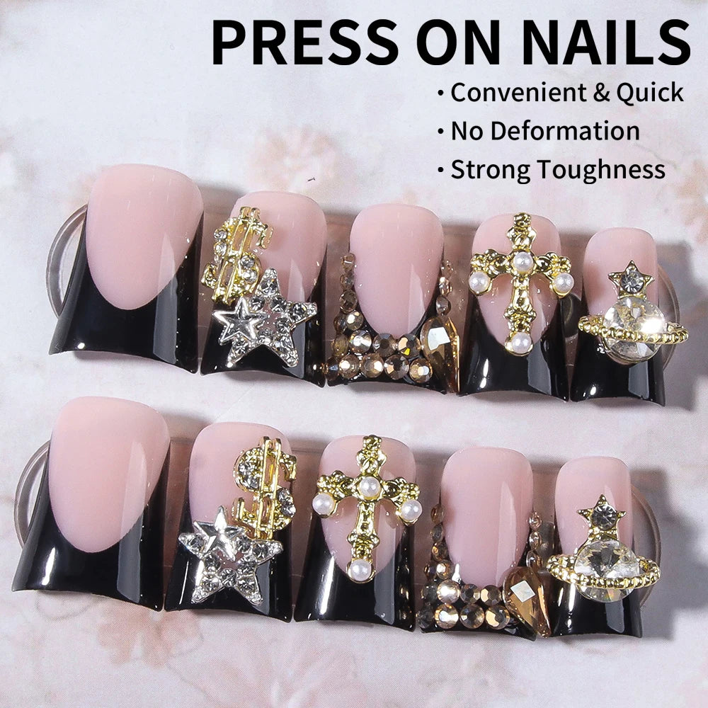 24pcs Long ducknail black French Tip Press On Nails 3D alloy cross, snake-shaped decoration with rhinestone design Fit Perfectly