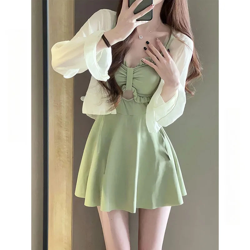 Swimsuit Women's 2025 New Summer One-piece Thin Conservative Skirt Avocado Green High-end Sensual Hot Spring Swimsuit