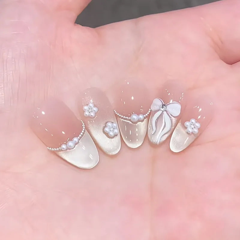24pcs Pink Flower Almond Press on Nails Kawaii False Nails Wearable Stick-on Nails Fake Nail Uñas Postizas Накладные Ногти 네일팁
