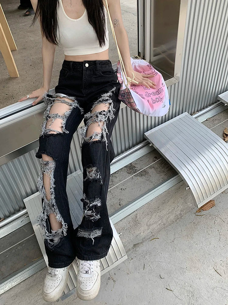 Zoki Hip Hop Hole Jeans Women Y2K Streetwear Harajuku Hollow Out Denim Pant American Retro High Waist Female Straight Trousers