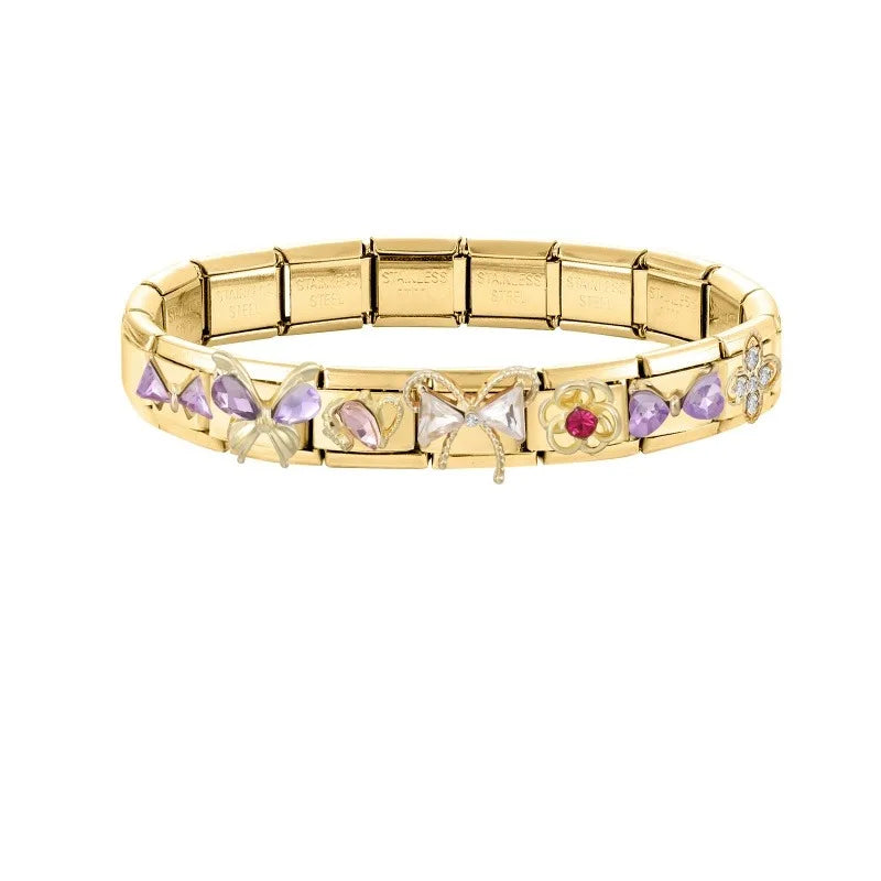 Premium Gold Color Zircon Bowknot Italian Charm Bracelet Stainless Steel Elastic Bracelet Link Bangle DIY Women Men Jewelry Gift