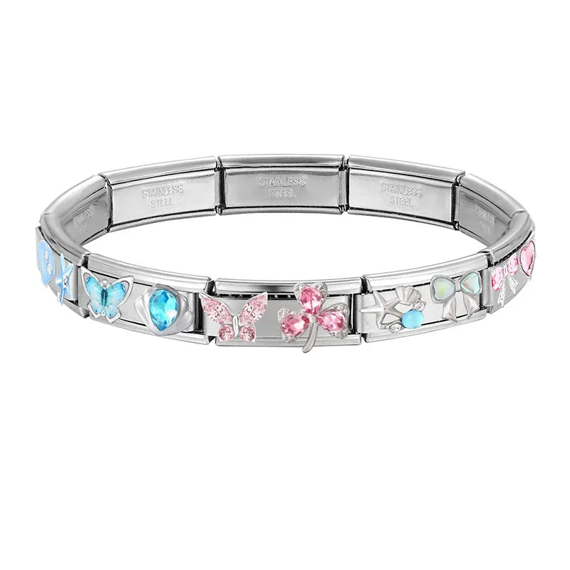 Y2K Zircon Bow Knot Water Drop Pink Zircon Doughnut Heart Italian Charm Links Fit 9MM Stainless Steel Bracelet Women DIY Making