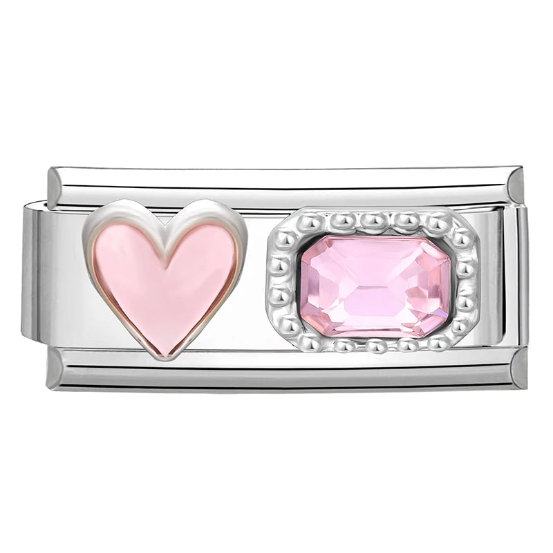 Y2K Zircon Bow Knot Water Drop Pink Zircon Doughnut Heart Italian Charm Links Fit 9MM Stainless Steel Bracelet Women DIY Making