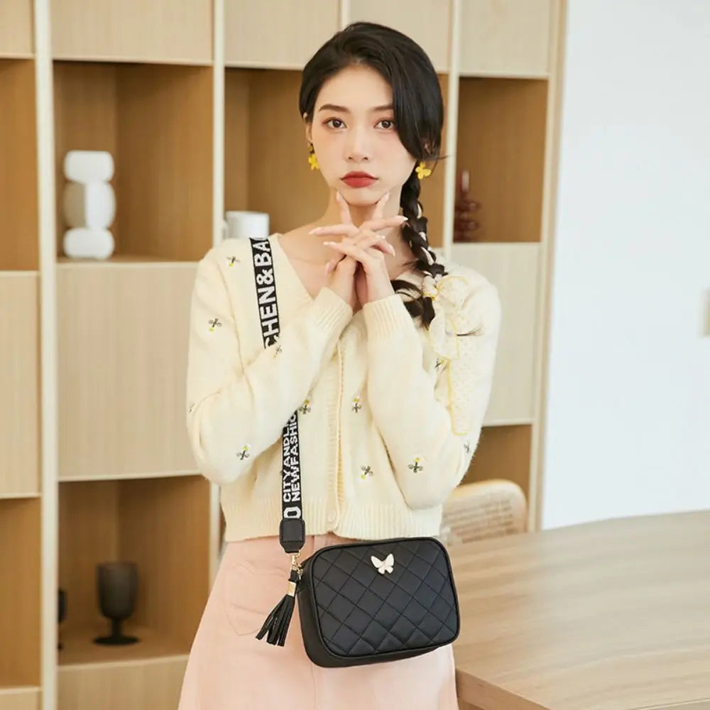 Single Shoulder Women's Handbags Daily Lingge Tassel Accessories PU Leather Messenger Bag Butterfly Tags Crossbody Bag Girls