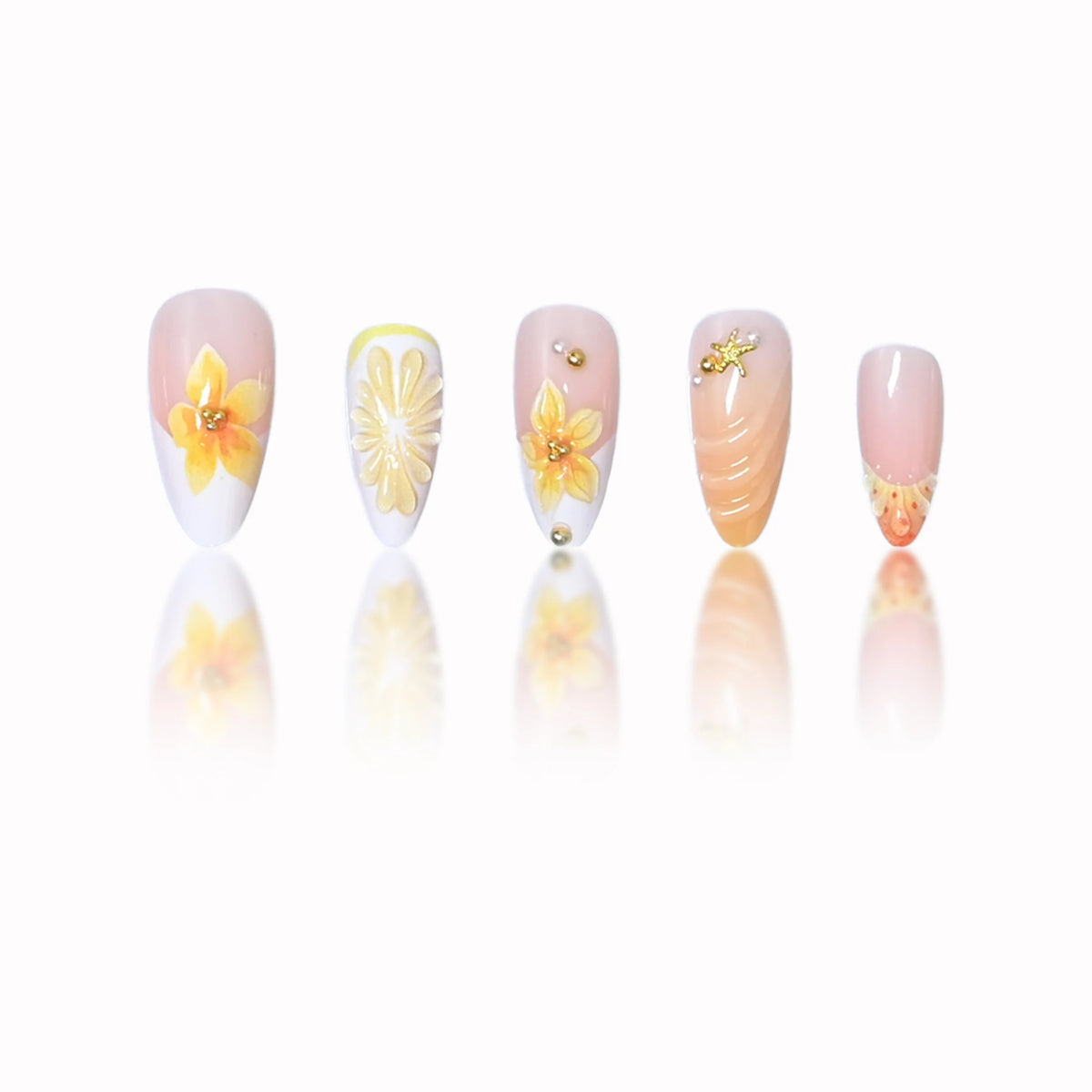 24Pcs/set French almond-shaped press-on full cover false nails in elegant ocean style, featuring 3D fresh lemon, floral smudge a