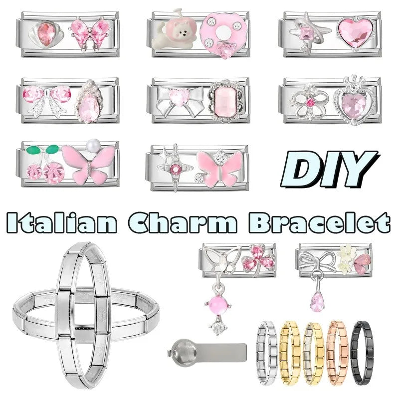 Y2K Zircon Bow Knot Water Drop Pink Zircon Doughnut Heart Italian Charm Links Fit 9MM Stainless Steel Bracelet Women DIY Making