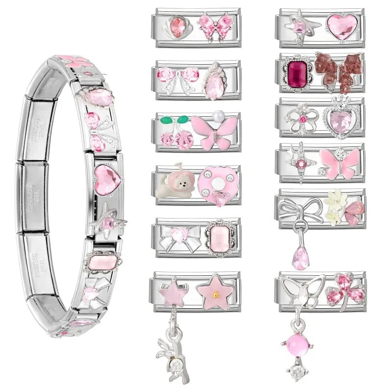 Y2K Zircon Bow Knot Water Drop Pink Zircon Doughnut Heart Italian Charm Links Fit 9MM Stainless Steel Bracelet Women DIY Making