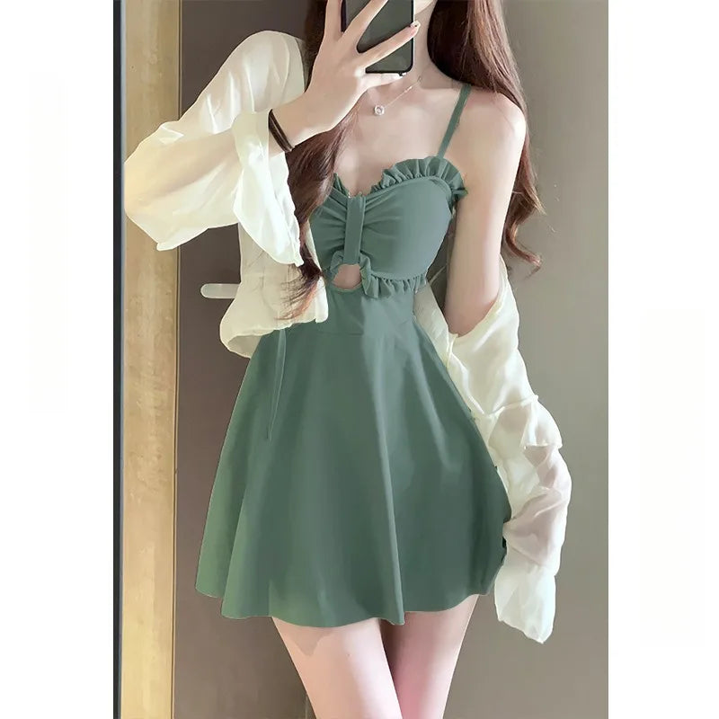 Swimsuit Women's 2025 New Summer One-piece Thin Conservative Skirt Avocado Green High-end Sensual Hot Spring Swimsuit
