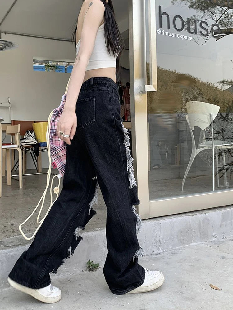 Zoki Hip Hop Hole Jeans Women Y2K Streetwear Harajuku Hollow Out Denim Pant American Retro High Waist Female Straight Trousers