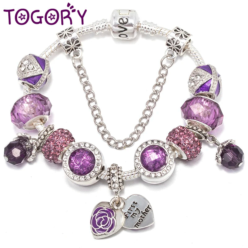 Romantic First My Mother Charm Bracelet For Women With Crystal DIY Beads Pendants Bracelets Fashion Jewelry Gift Dropshipping