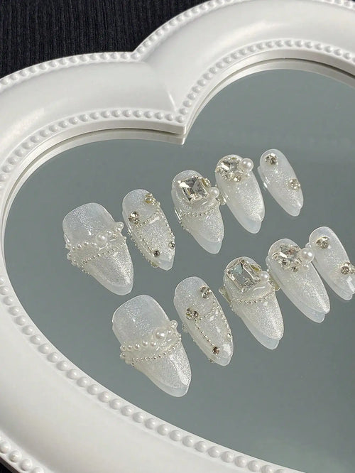 10 Pieces of Medium-Length Almond-Shaped Press-On Nails in Bright Mixed Nude Tones, Comes with a Piece of Nail Glue and a Nail F