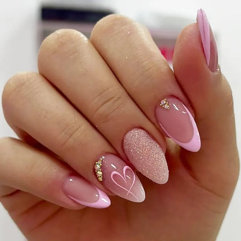 24pcs Pink Flower Almond Press on Nails Kawaii False Nails Wearable Stick-on Nails Fake Nail Uñas Postizas Накладные Ногти 네일팁