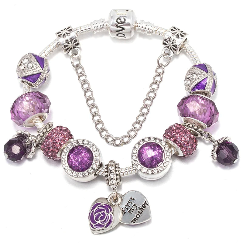 Romantic First My Mother Charm Bracelet For Women With Crystal DIY Beads Pendants Bracelets Fashion Jewelry Gift Dropshipping