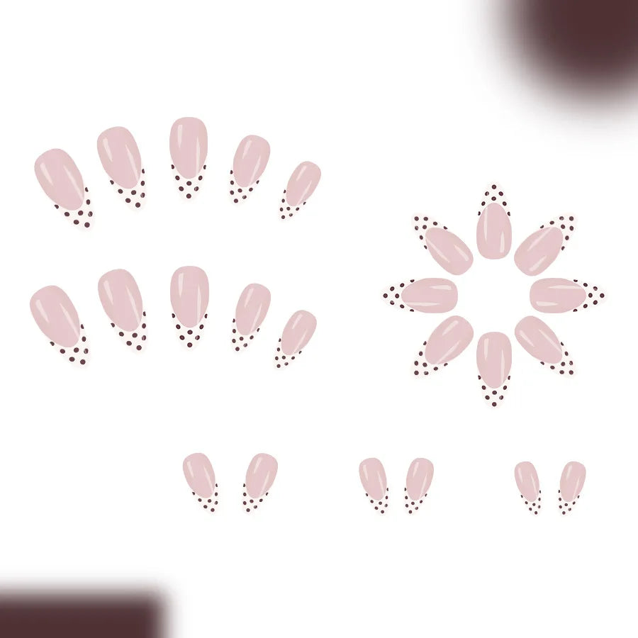 Sweet French Style Medium Almond Press On Nails 24pcs White with Brown Tips and Dots