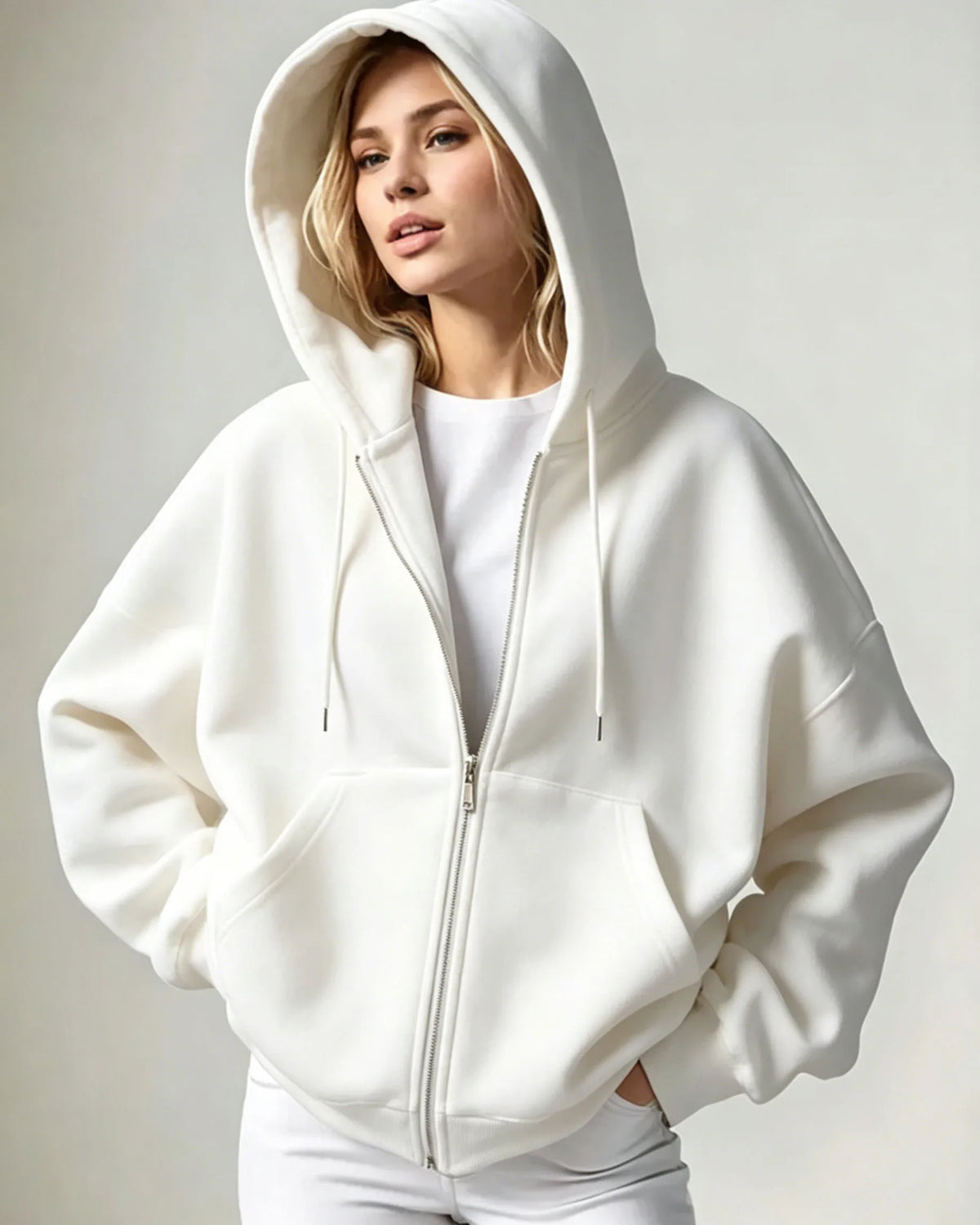 2026 Women Solid Full Zip Up Hoodie Casual Loose Pocket Hooded Jacket Soft Long Sleeve Sweatshirt Autumn Winter Couple Outerwear